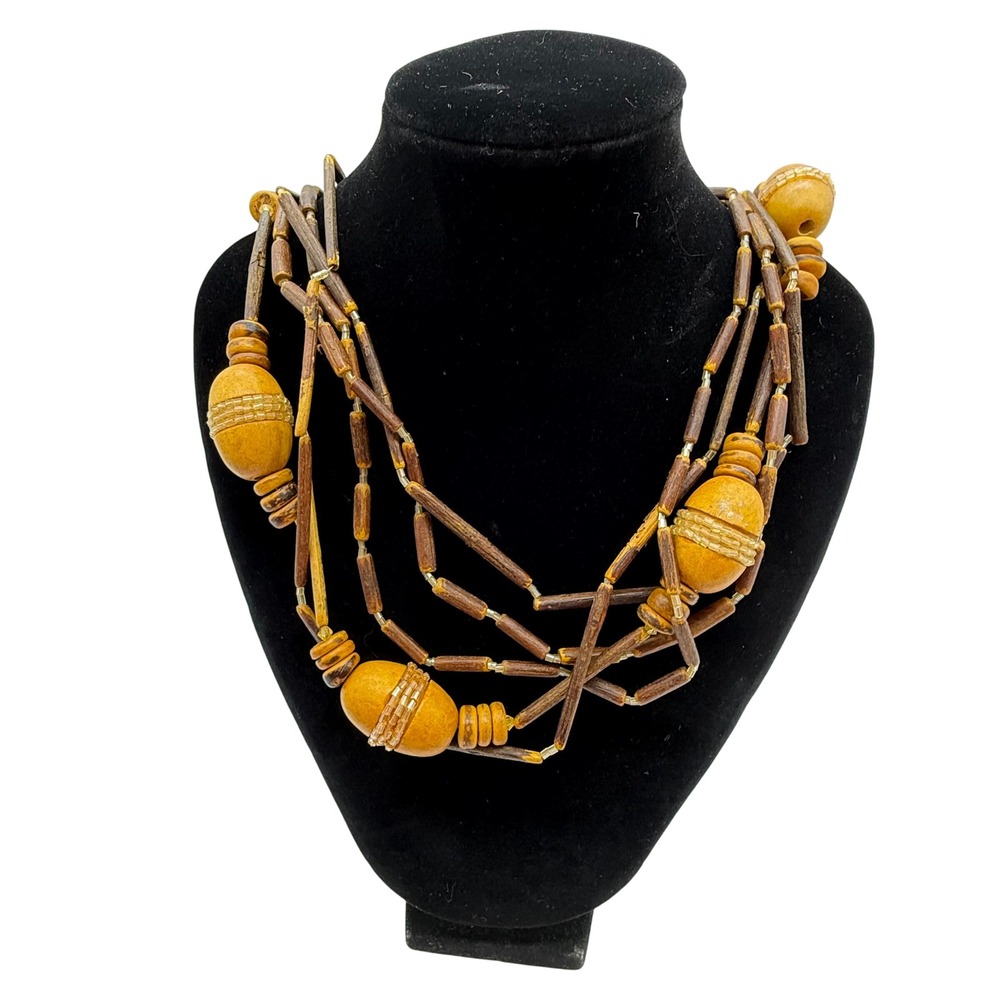 VTG Multi Strand Wooden Bead Necklace Boho Statement Brown Costume Jewelry